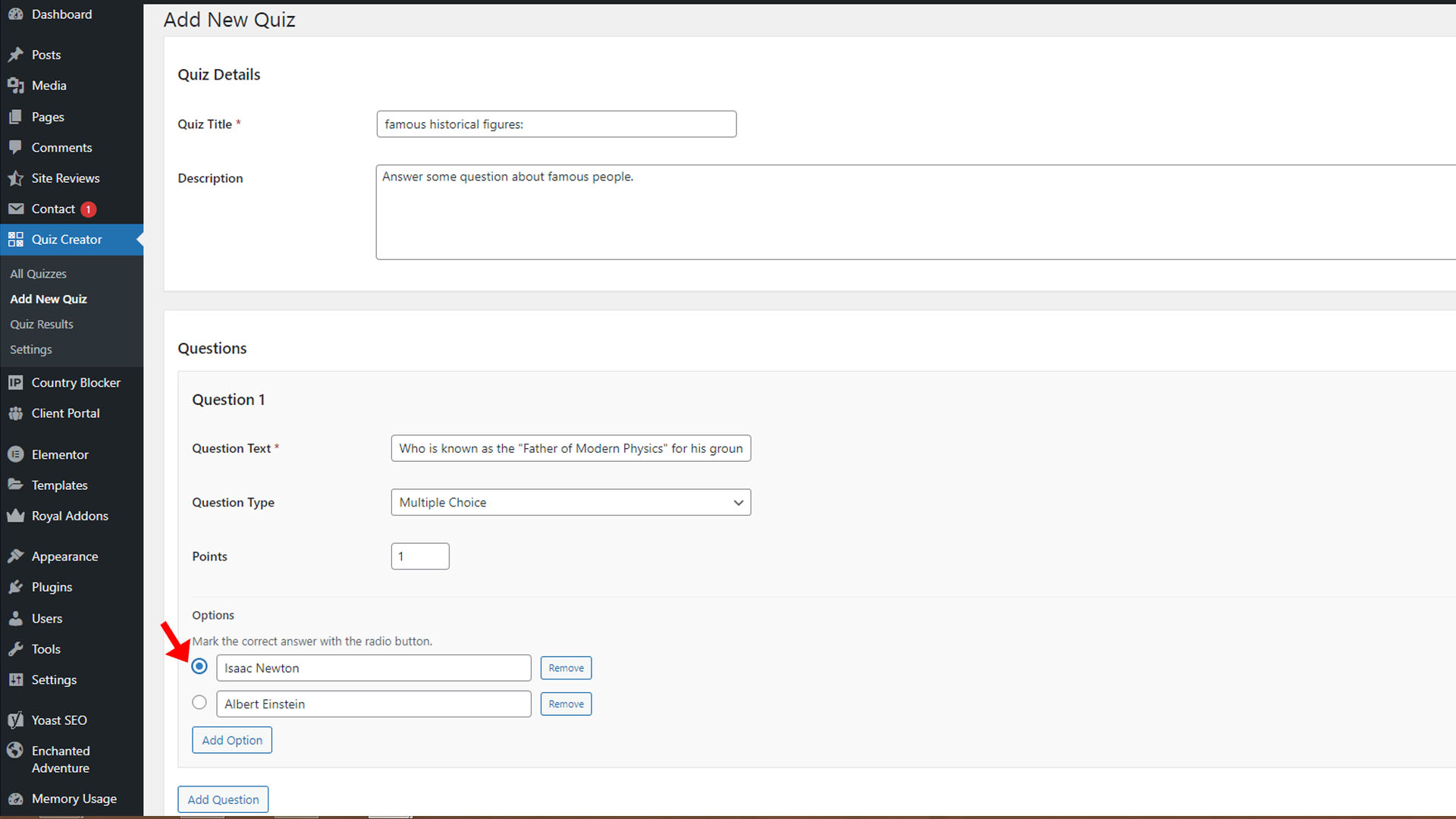 screenshot Quiz Creator wordpress plugin
