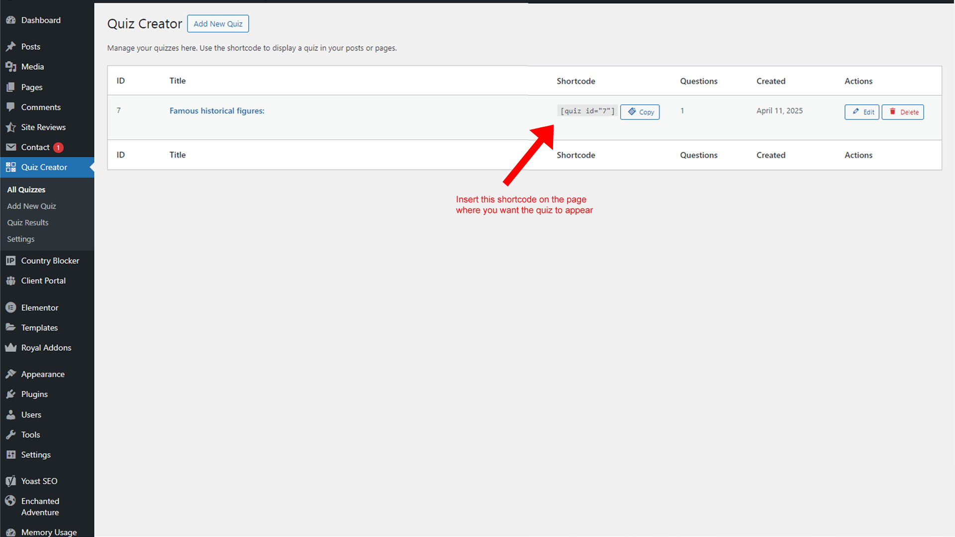 screenshot Quiz Creator wordpress plugin